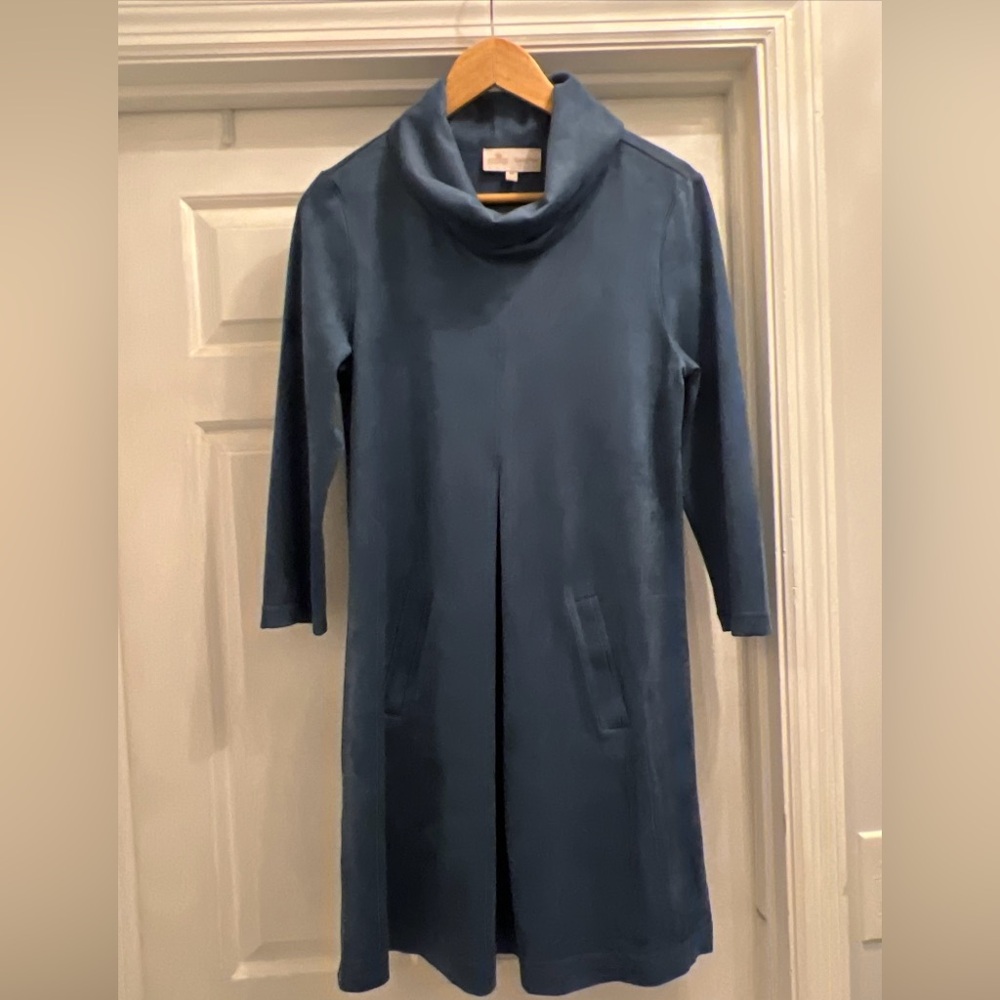 Evelyne Talman blue 3/4 sleeve cowl neck faux suede dress 2 pocket size Medium